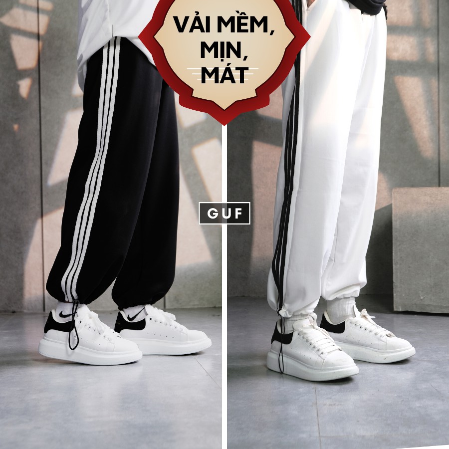 Quần Jogger Nam Nữ Form Dáng Rộng Ống Suông Rộng 3 Sọc Rút Gấu Dáng Hiphop Thể Thao Vải Mịn GUF