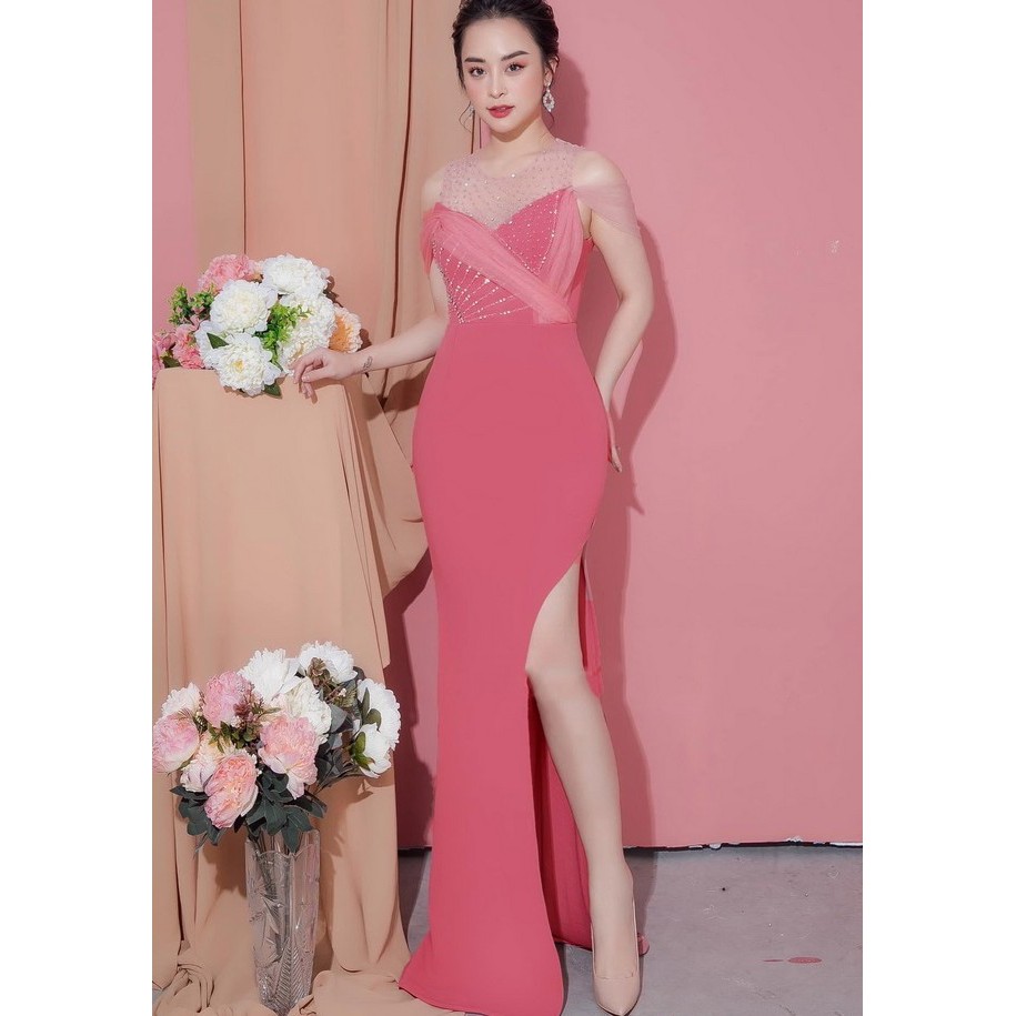 Đầm dạ hội thiết kế cao cấp cúp ngực đính cườm trễ vai (có bigsize)