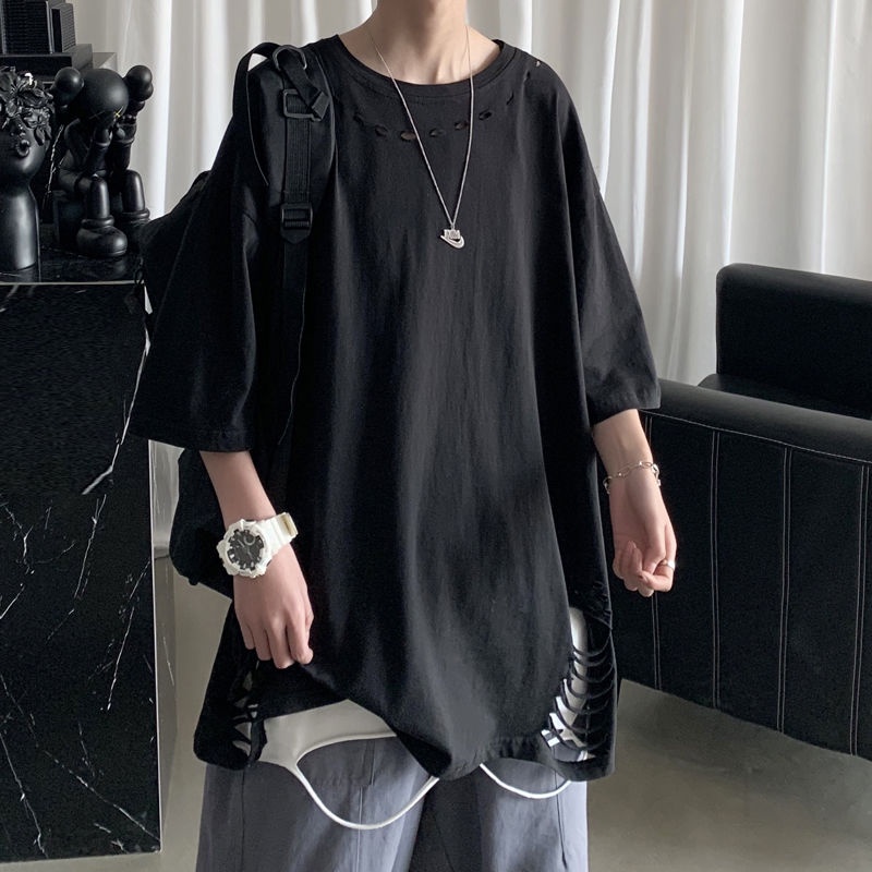 AMOI Áo Thun Ngắn Tay Dáng Rộng Phối Rách Thời Trang Hip Hop Hàn Quốc Dành Cho Nam