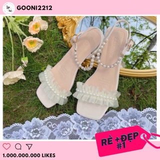 Sandal nữ quai ngang đính ngọc, đế cao gót vuông, quai ngang chất liệu voan thời trang tiểu thơ cho nữ (kèm video thật)