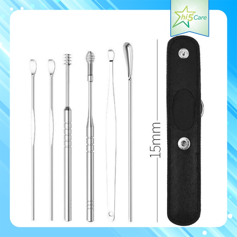 Bộ túi da PU màu đen+ 6 dụng cụ vệ sinh tai ngoáy tai, đồ lấy ráy tai Cao Cấp bằng thép không gỉ  #VSTden7