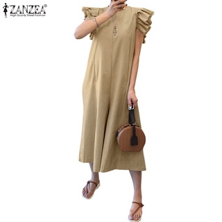 Áo liền quần ZANZEA tay ngắn kiểu nhún bèo cổ tròn khóa kéo sau lưng ống rộng màu trơn