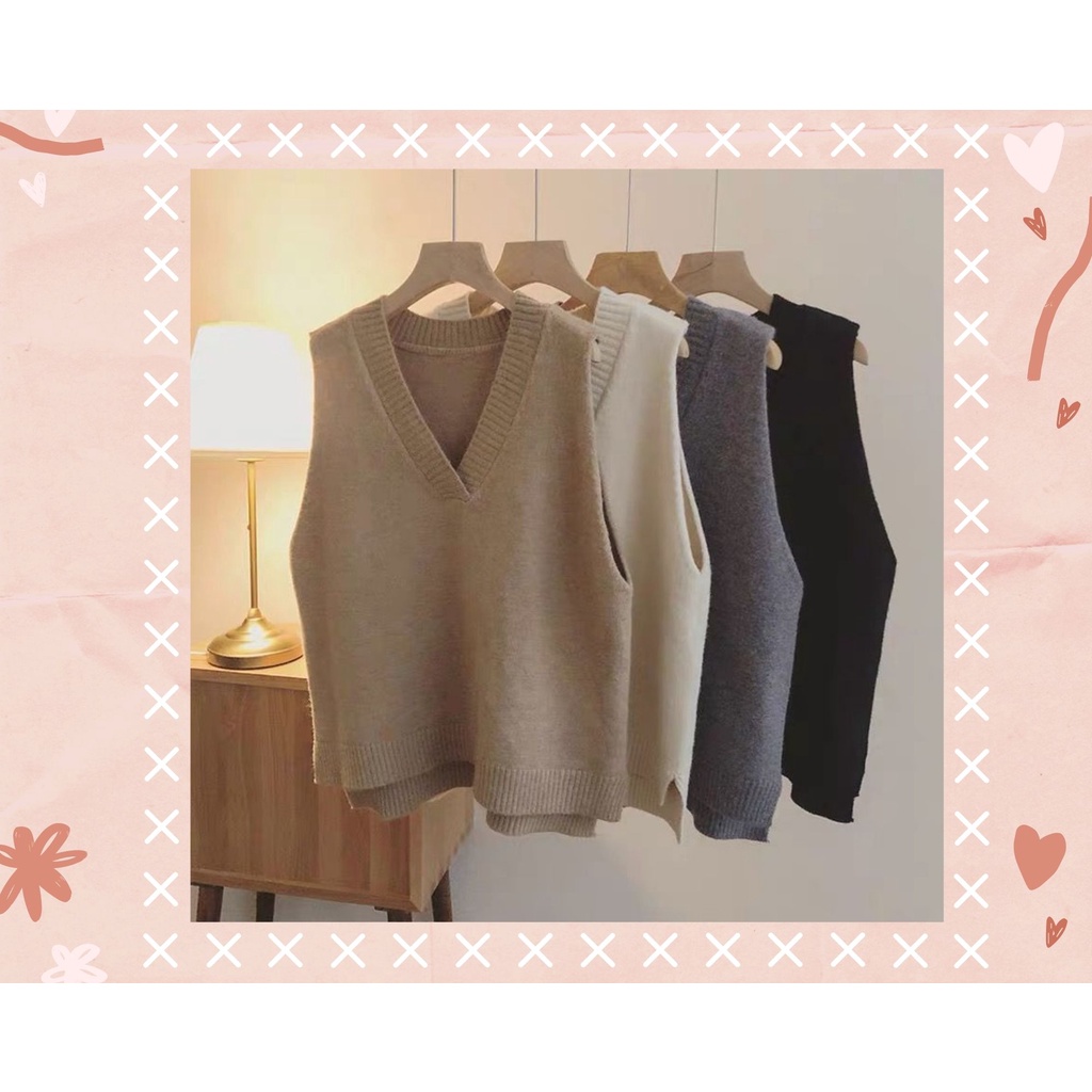 Áo Gile Trơn Xẻ Tà PETRICHOR Len Mỏng Màu Hồng/Xám/Kem/Vàng/Nâu Phong Cách(sẵn)