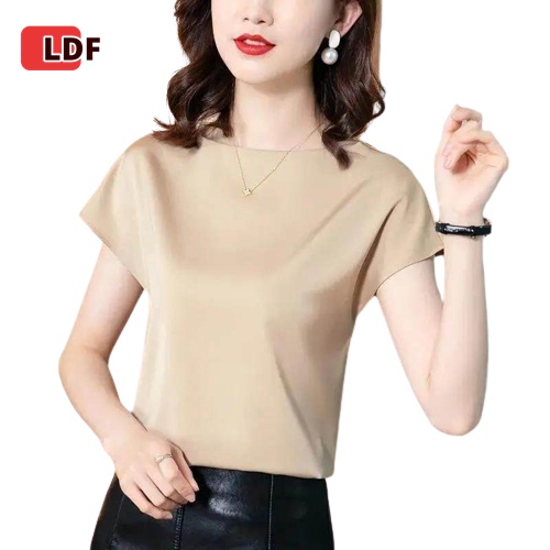 Áo Sơ Mi Lụa Satin Plus Size Tay Ngắn Dáng Rộng Vừa Vặn Cho Nữ