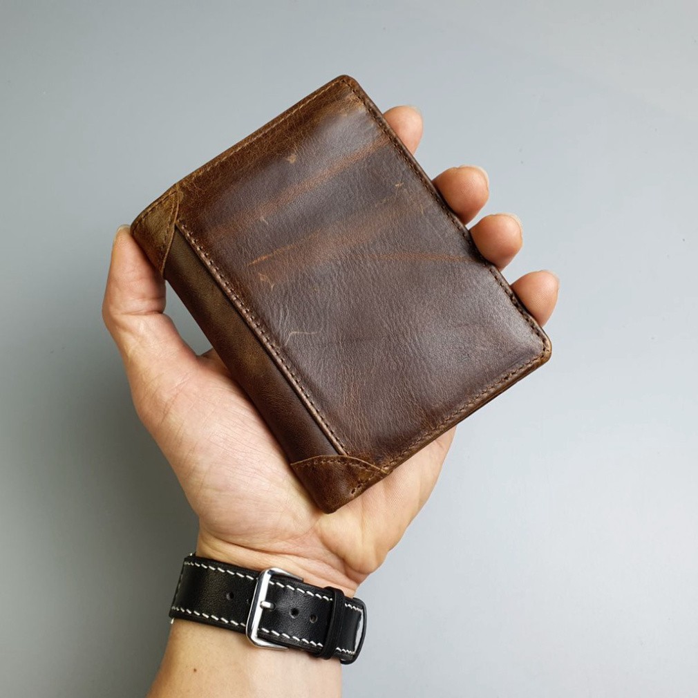 Ví nam đứng da sáp MENLY Waxy Leather Wallet, ví da thật cao cấp