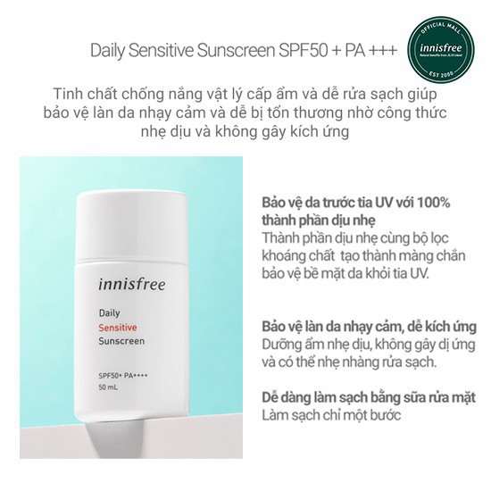 Kem chống nắng hàng ngày dịu nhẹ innisfree Daily UV Protection Essence Sensitive SPF50+/PA+++ 50ml