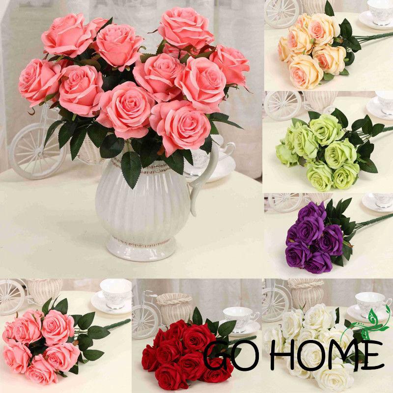 Bộ 9 nhánh hoa hồng nhân tạo có nhiều màu sắc dùng để trang trí tiệc cưới sang trọng