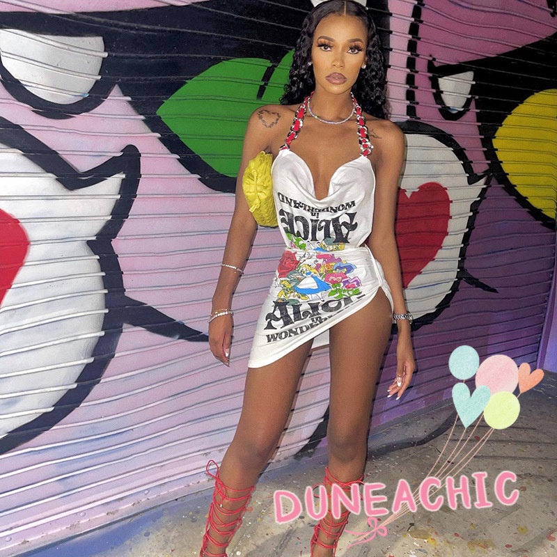 DUNEA Đầm khong tay hở lưng in họa tiết hoạt hình phong cách đường phố cá tính cho nữ