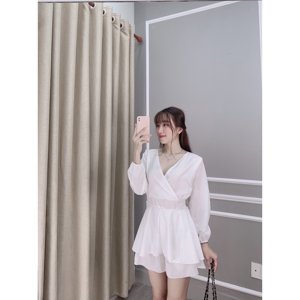 Jumpsuit nữ tay dài màu trắng đắp chéo sang chảnh 2023