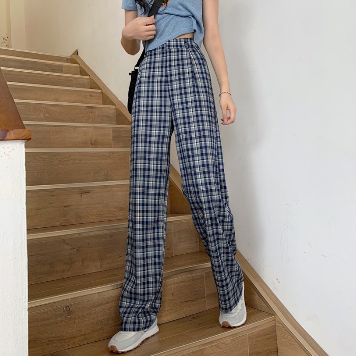 Casual plaid pants women's high waist drape spring and summer loose straight and thin retro suit mopping pants