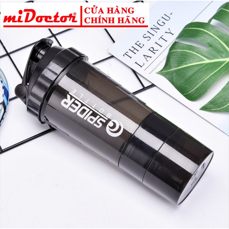 [Màu Xanh Lá] Bình nước tập gym shaker - chính hãng miDoctor, bình lắc 3 ngăn, có lò xo ở bên trong, sử dụng tập gym