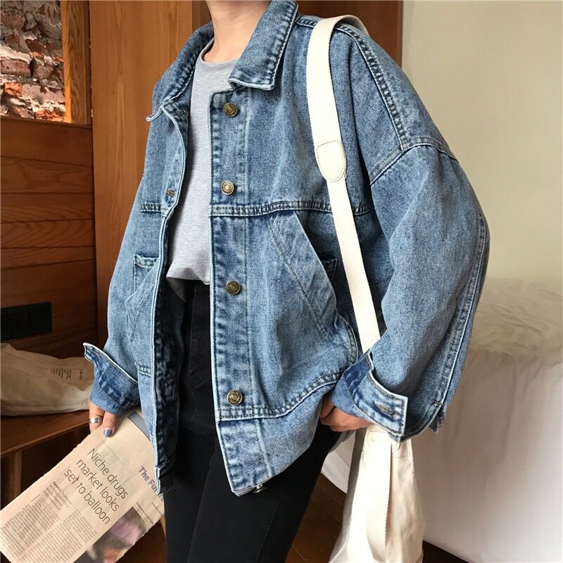 Áo khoác denim IELGY dáng rộng mỏng tay dài phong cách cổ điển dễ phối đồ thời trang cho nữ