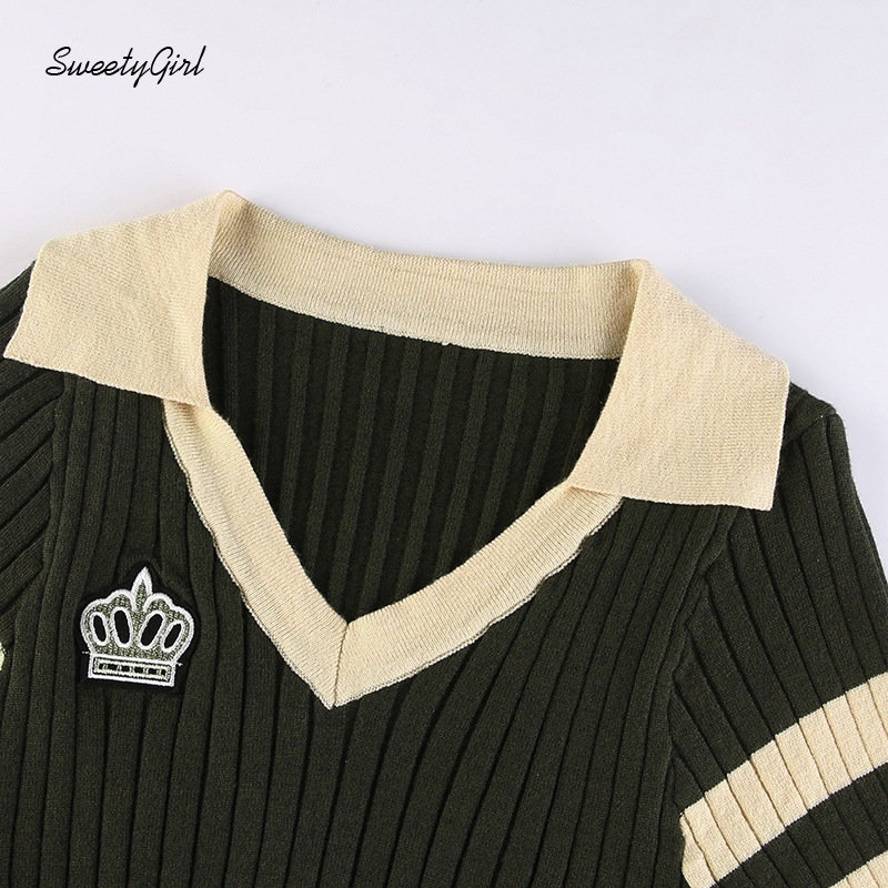 Áo Thun Tay Ngắn Cổ Chữ V Họa Tiết Kẻ Sọc Màu Xanh Lá Tương Phản Thời Trang 2022 Dành Cho Bạn Nữ