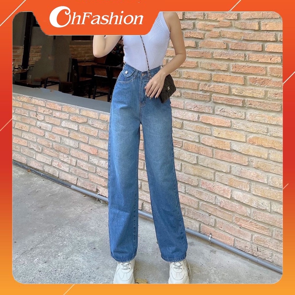 Quần jean nữ ống rộng túi nắp phía trước màu xanh, quần bò nữ lưng cao dáng suông basic OHS3907