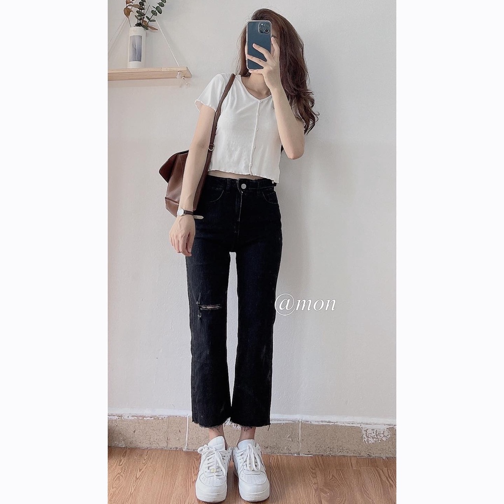 201058 Quần boots cut jeans ulzzang cho nữ form ôm loe nhẹ tôn dáng màu đen có rách | BigBuy360 - bigbuy360.vn
