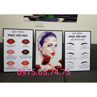 Tranh quy trình phun xăm thẩm mỹ Bộ 3 hình ảnh sắc nét chất liệu FOMEX tấm cứng siêu nhẹ độ dày 5LI kích thước 40x60x3