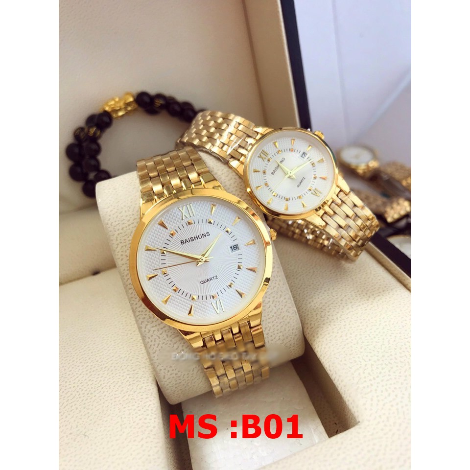 đồng hồ đôi nam nữ Baishuns mặt trắng BSD033 chống nước chống xước,tặng kèm vòng tì hưu