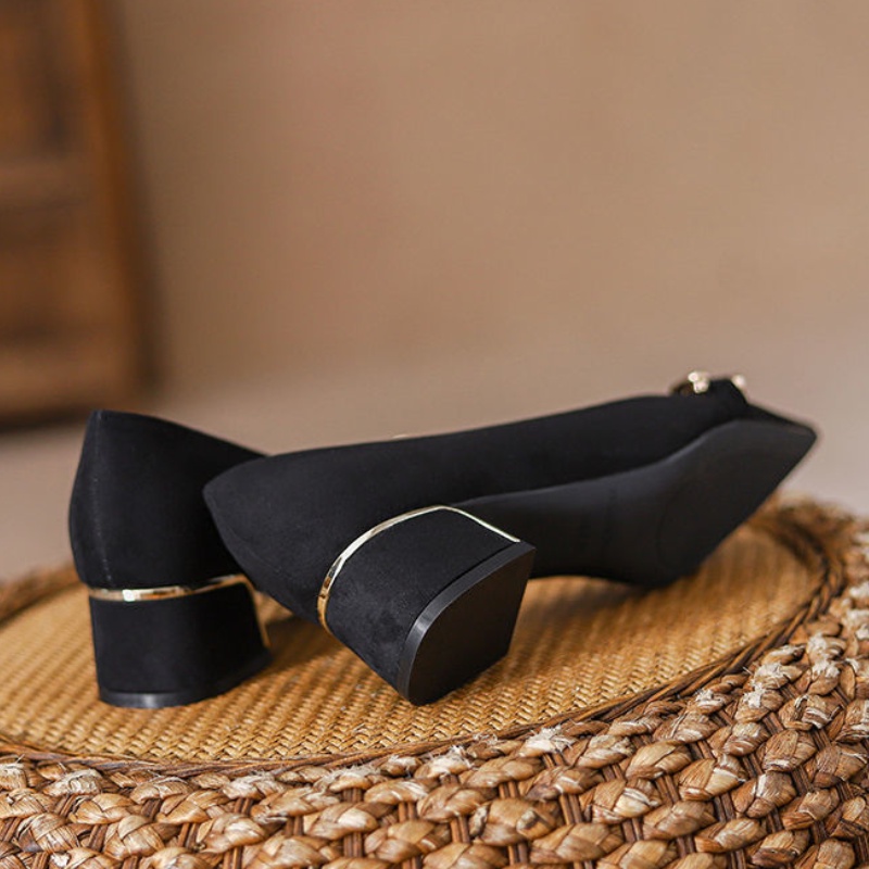 Giày Búp Bê Da Lộn Gót Dày Mũi Nhọn Màu Đen Thời Trang Công Sở 2022 Cho Bạn Gái