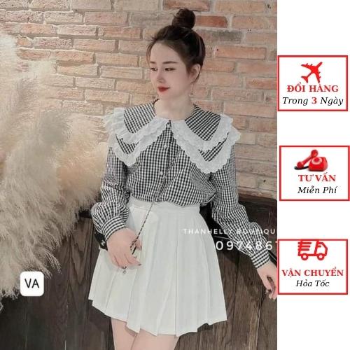 Áo sơ mi babydoll kẻ caro viền bèo cổ sen tiểu thư bánh bèo ulzzang Hàn Quốc