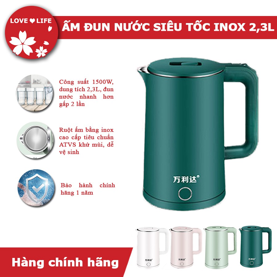 Ấm đun nước ấm siêu tốc inox cao cấp dung tích 2,3L sôi nhanh trong 8 phút_ lovleife66