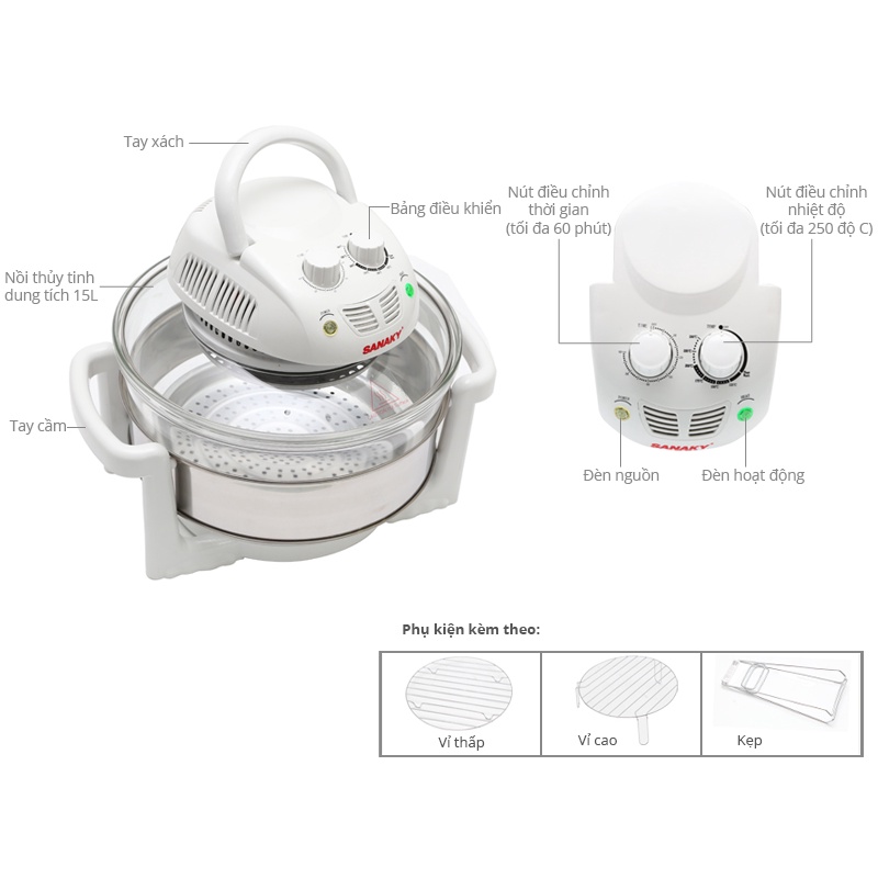 Lò nướng thủy tinh Sanaky VH-158T - Hàng chính hãng Dung tích nồi thủy tinh lớn 12 lít Công nghệ nướng bằng điện trở.