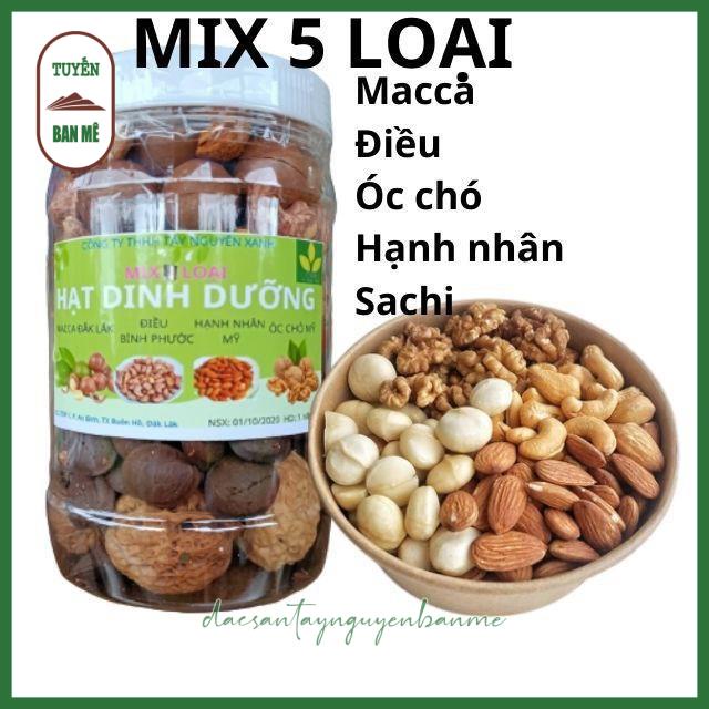 500g Mix 5 loại hạt: Macca Đăk Lăk, Điều Bình Phước, Hạnh Nhân Mỹ, Óc Chó Mỹ, Sachi Đăk Lăk Tuyến Ban Mê