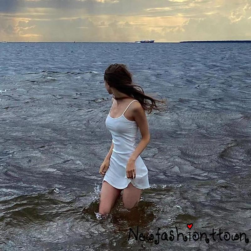 Đầm Ngắn Hai Dây Ôm Dáng Màu Trơn Hở Lưng Thời Trang Mùa Hè Cho Nữ