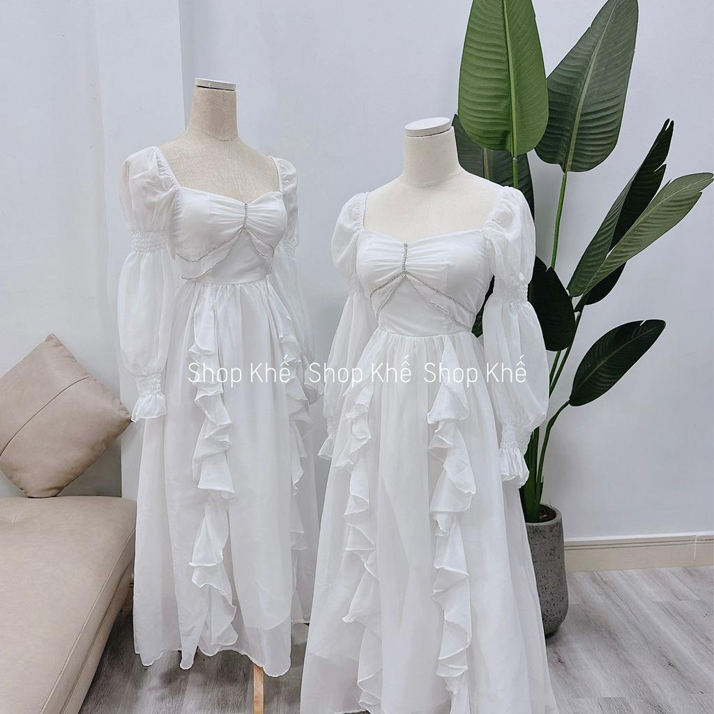 Đầm maxi voan trắng tay dài, đính đá quý phái, sang trọng, thích hợp đi tiệc, đi chơi biển