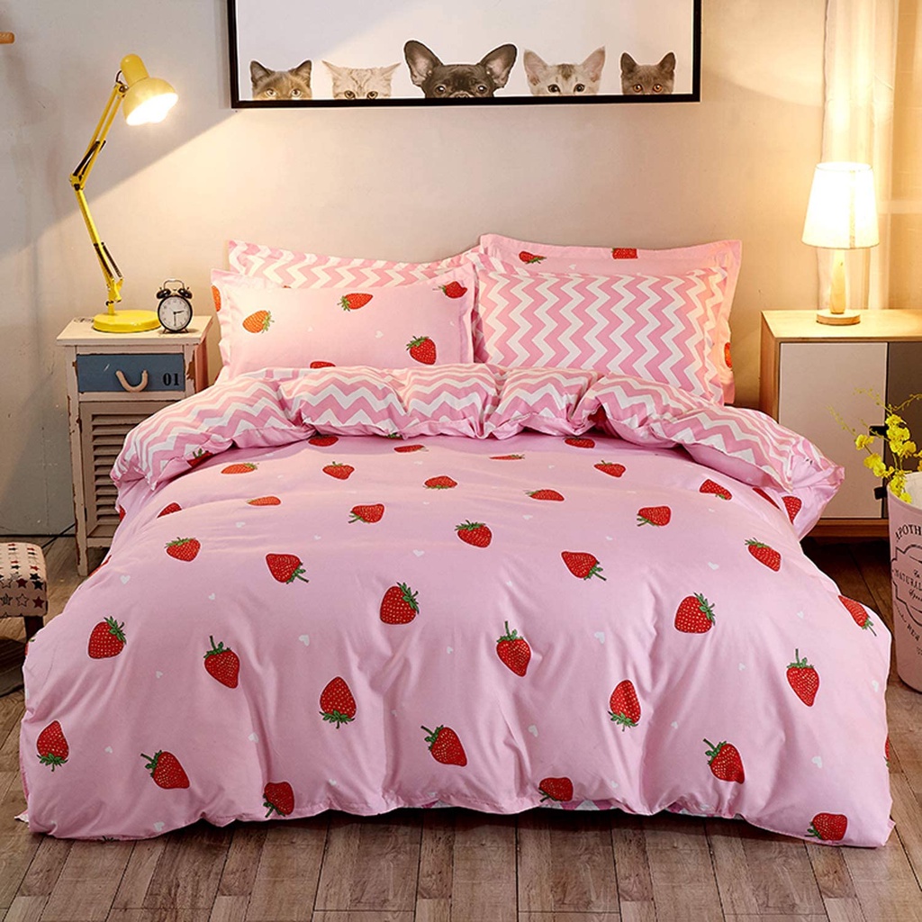 Bộ Ga Gối Poly Cotton Felicia 3 Món Mẫu Dâu Hồng Nhật m2/m6/m8/2m2, Drap Bo Chun + 2 Vỏ Gối Poly Cotton