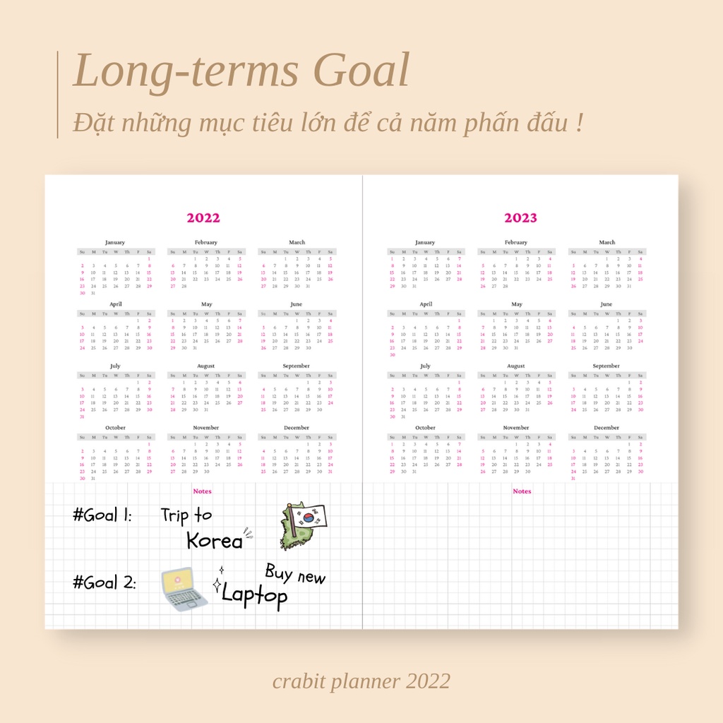 Sổ lịch planner A5 Crabit Sổ kế hoạch 12 tháng không in ngày bìa pastel có túi bìa sau