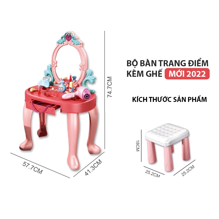 - ĐỒ CHƠI BÀN TRANG ĐIỂM KÈM GHẾ NGỒI, BỘ TRANG ĐIỂM MÁY SẤY LẮP PIN MỚI NHẤT 2023