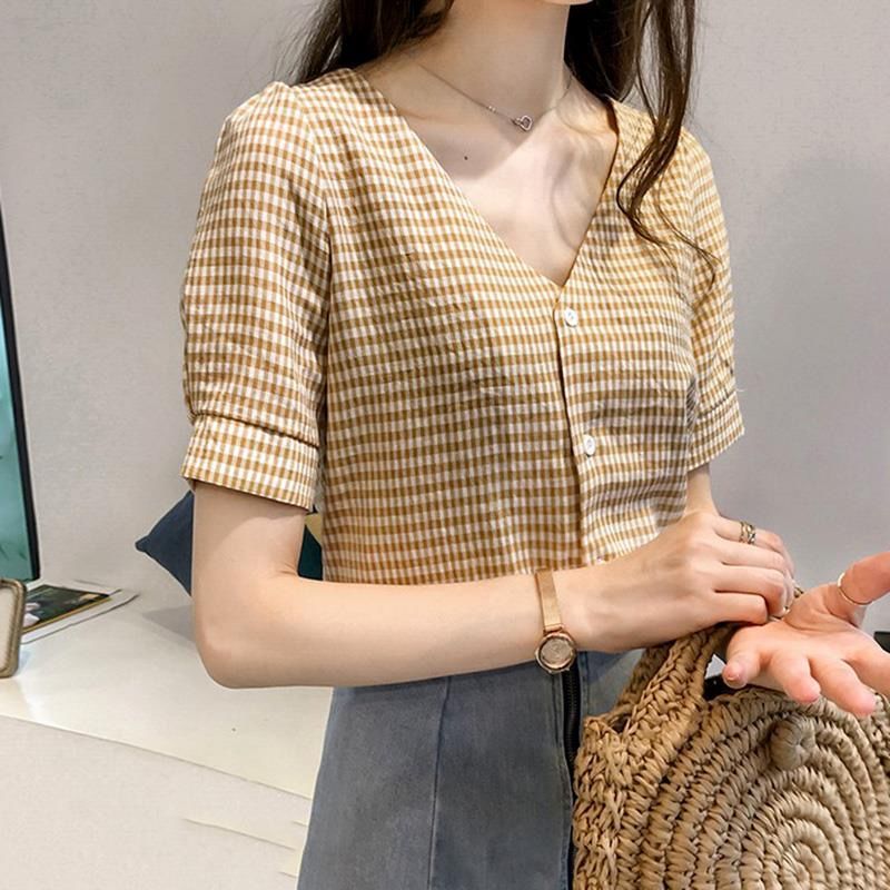 Áo Sơ Mi Tay Ngắn Dáng Rộng Cổ Chữ V Kẻ Ca-Rô Trẻ Trung Thanh Lịch Hợp Thời Trang