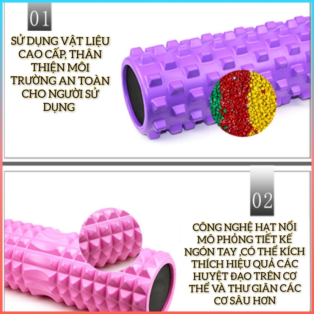 Con lăn Yoga Massage Cao Cấp ,Foam Roller, Ống Trụ Lăn Xốp Thể Thao Giãn Cơ Có Gai Giúp Giảm Đau Sau Khi Tập Luyện.