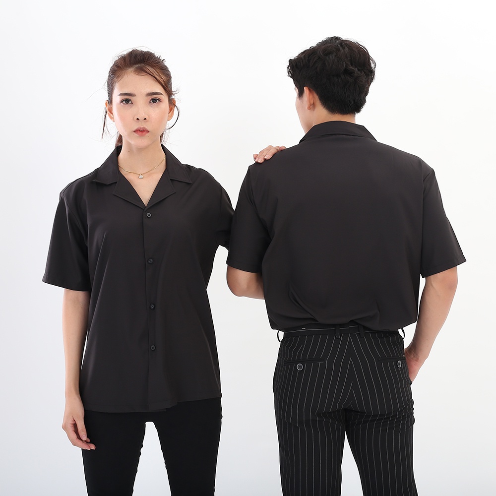 [Mã LT50 giảm 50k đơn 250k] Áo sơ mi Đen Cổ Vest ngắn tay form rộng unisex nam nữ vải lụa