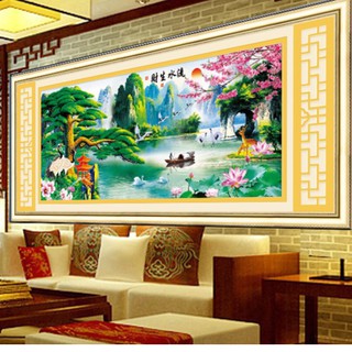 Tranh gắn đá hạt tròn lưu thủy sinh tài h029