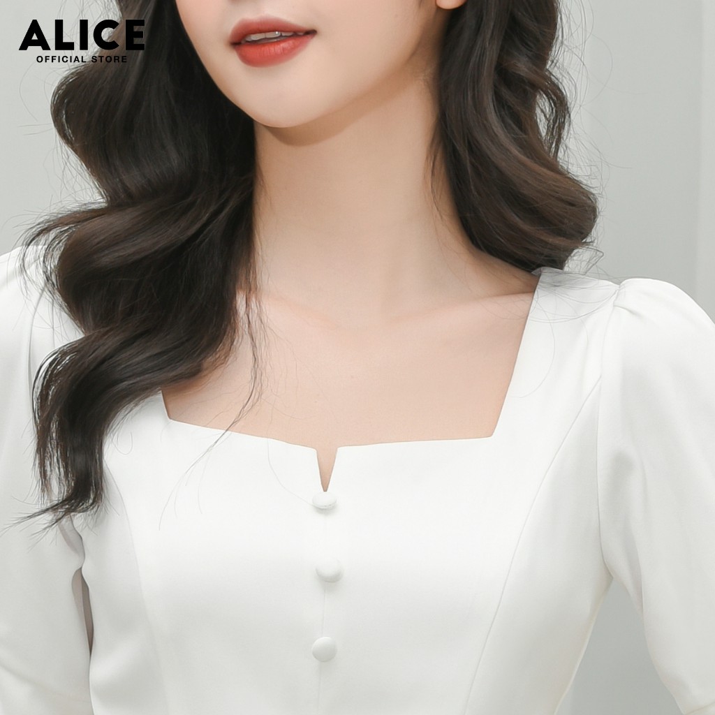Đầm Thiết Kế Trắng Dự Tiệc ALICE Dáng Xòe Xếp Ly Cổ Vuông Tay Bồng Thắt Nơ Đính Cúc Ngực Trang Trí Thanh Lịch V678 | BigBuy360 - bigbuy360.vn