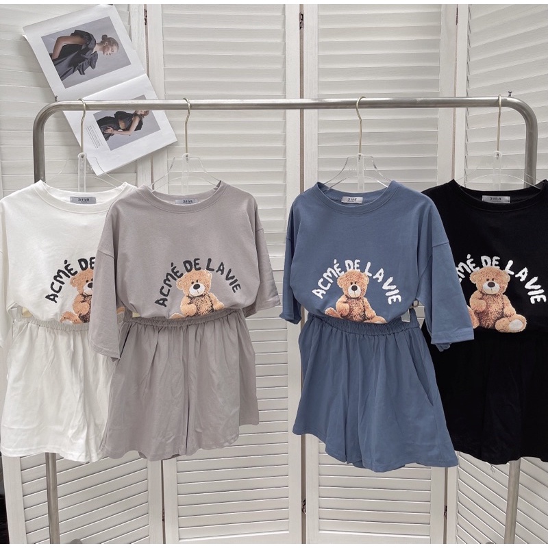 [Ảnh thật/Video]Bộ thể thao HÌNH GẤU cute dáng rộng mùa hè Set áo phông kèm quần chất thun cotton màu dễ thương