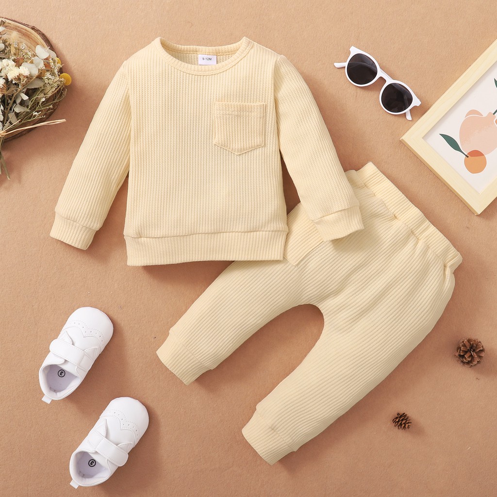 Set đồ Mikrdoo gồm áo tay dài + quần màu trơn chất cotton thời trang mùa thu xinh xắn dành cho bé trai