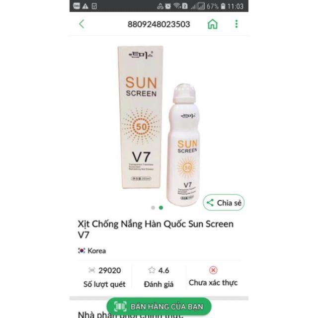 XỊT  CHỐNG NẮNG HÀN QUỐC  SUN SCREEN V7