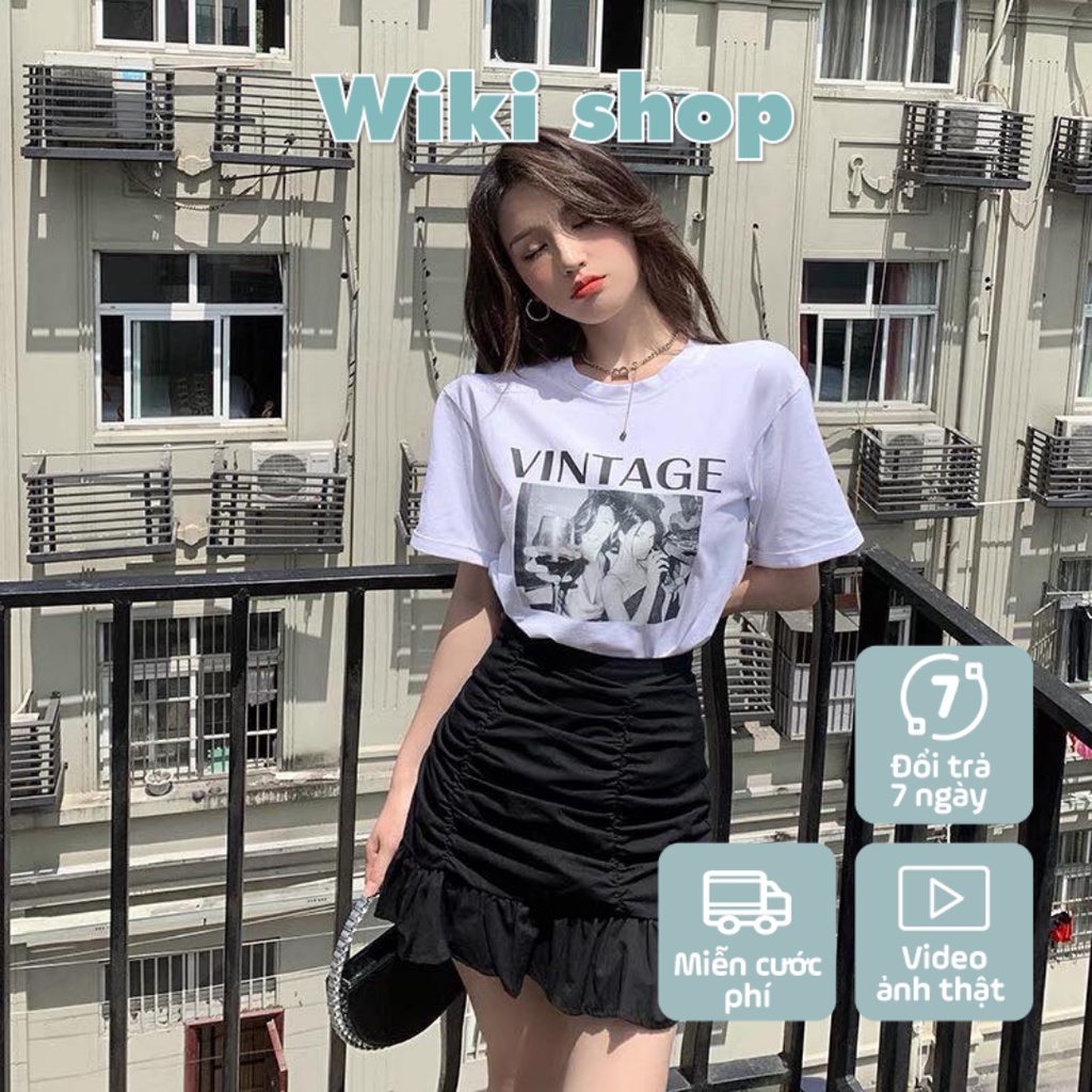 Set váy vintage mới freessize trắng đen áo thun tay lỡ trắng mix chân váy nhún đen đuôi cá cạp chun wikishop - HÀ