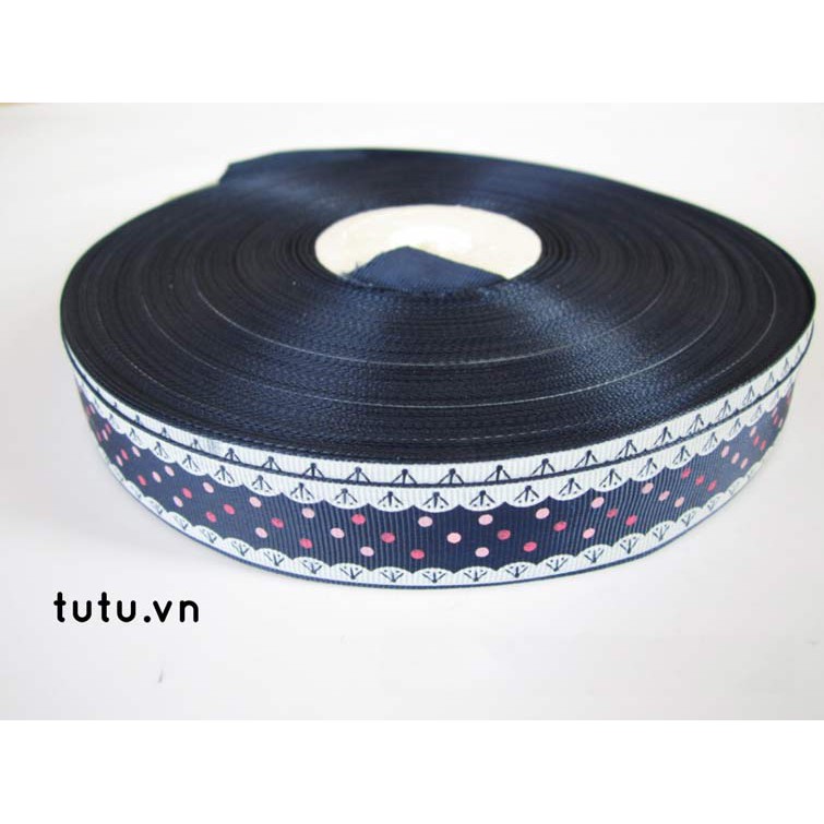 RUY BĂNG GÂN 25MM HỌA TIẾT CHẤM BI VIỀN HT25-005, RUY BĂNG DIY HANDMADE LÀM NƠ BỜM KẸP TÓC