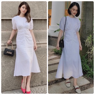 Đầm maxi trắng đuôi cá nhíu ngực