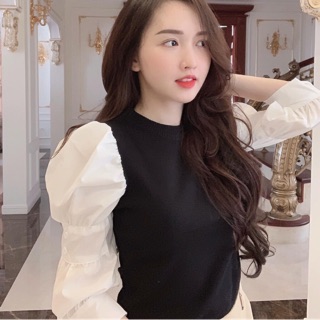 Áo len mongtoghi đen tay pha sơ mi freesize