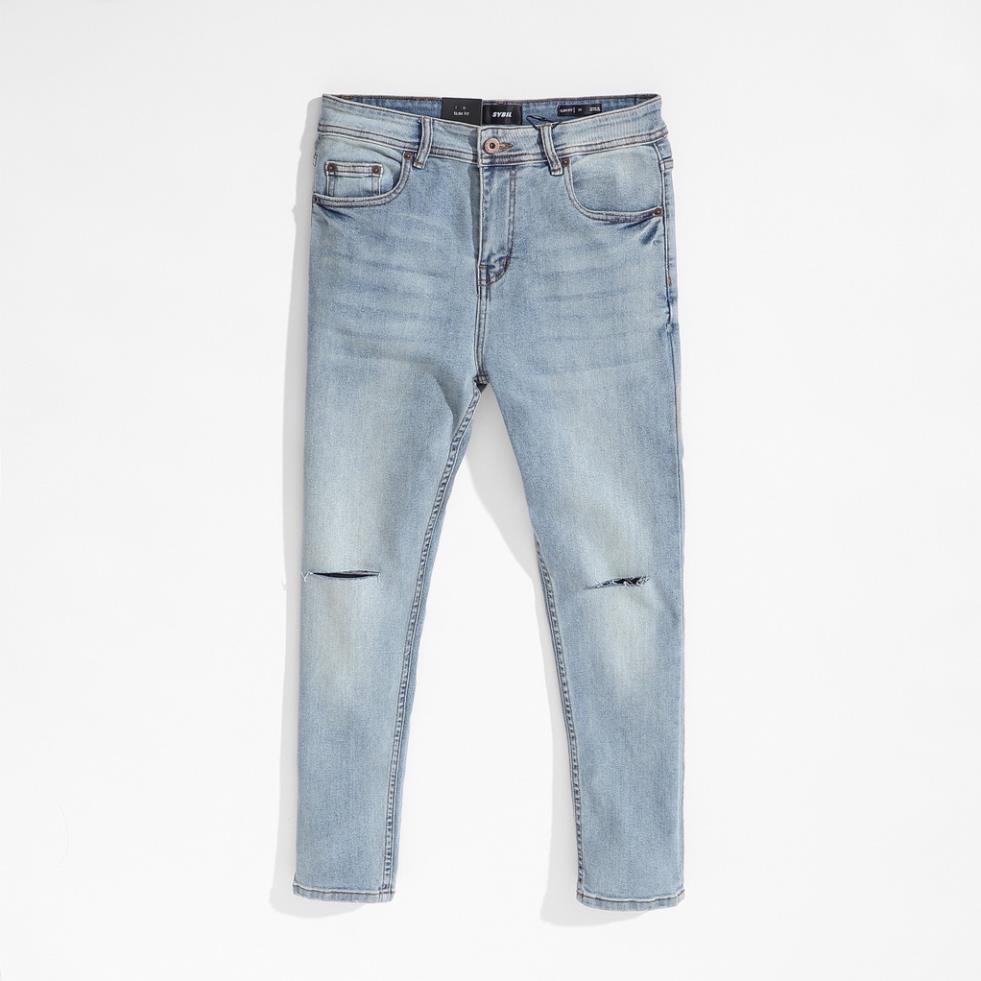 Quần jean nam rách Gấu 194 wass kiểu vải jeans co dãn, dày dặn form slimfit - Xanh Nhạt Rách Gối Đẹp