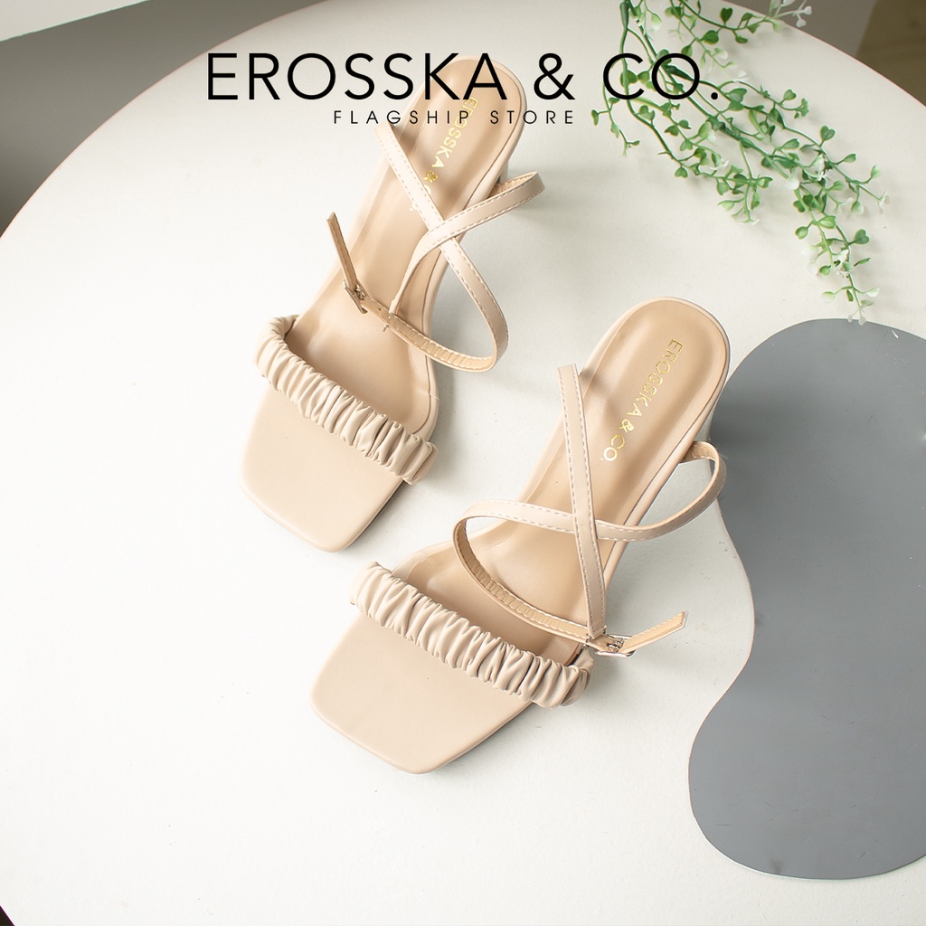 Erosska - Giày sandal cao gót nữ mũi vuông quai nhún thanh lịch cao 8cm màu nude - EB044