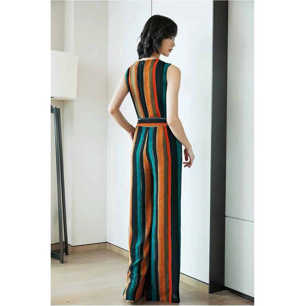 GIÁ RẺ - JUMPSUIT NỮ TÍNH DÁNG DÀI KIỂU JUMPSUIT  DÀI CỔ ĐẮP CHÉO IN SỌC NHIỀU MÀU CỘT EO, ĐỒ BAY CÔNG SỞ NỮ S3245