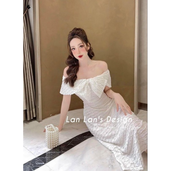 ĐẦM MIDI TRẮNG XỐP TRỄ VAI NƠ NGỰC