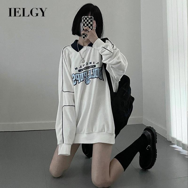 Áo sweater IELGY tay dài màu trắng in chữ cái cổ áo POLO thời trang cho nữ