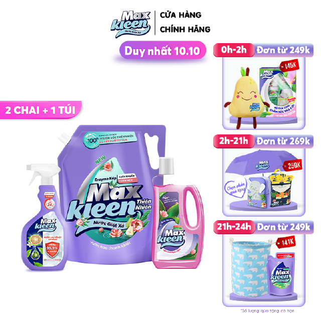 Combo MaxKleen: 1 Túi Nước Giặt Xả MaxKleen Thiên Nhiên 2.2kg + 1 Chai Lau Sàn 1kg + 1 Nước Lau Bề mặt đa năng 520ml