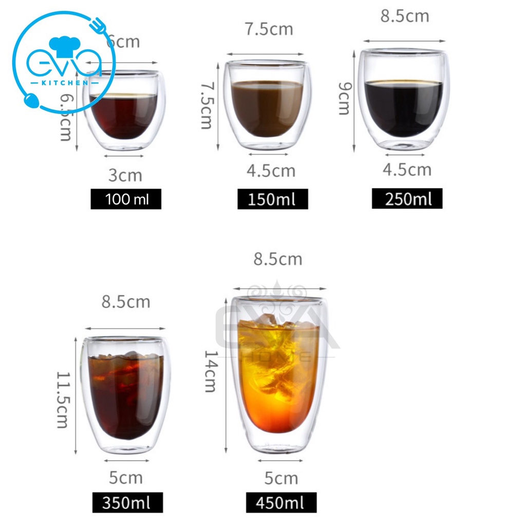 Ly Thuỷ Tinh Hai Lớp Chịu Nhiệt Đáy Bầu Double Walled Glass Egg Shape 100ML - 450ML
